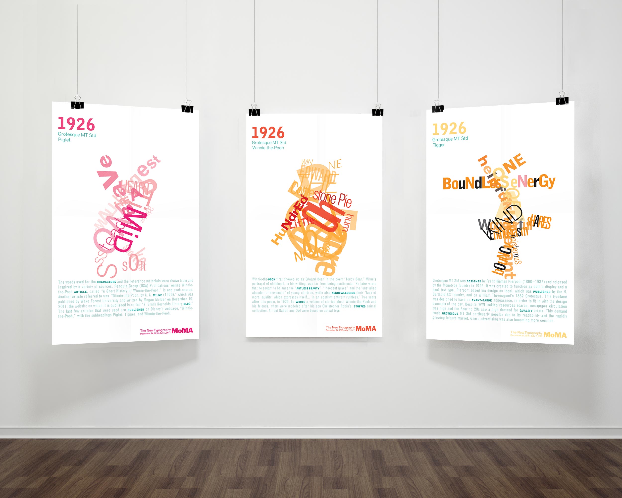 Triptych of type posters featuring Winnie The Pooh Characters